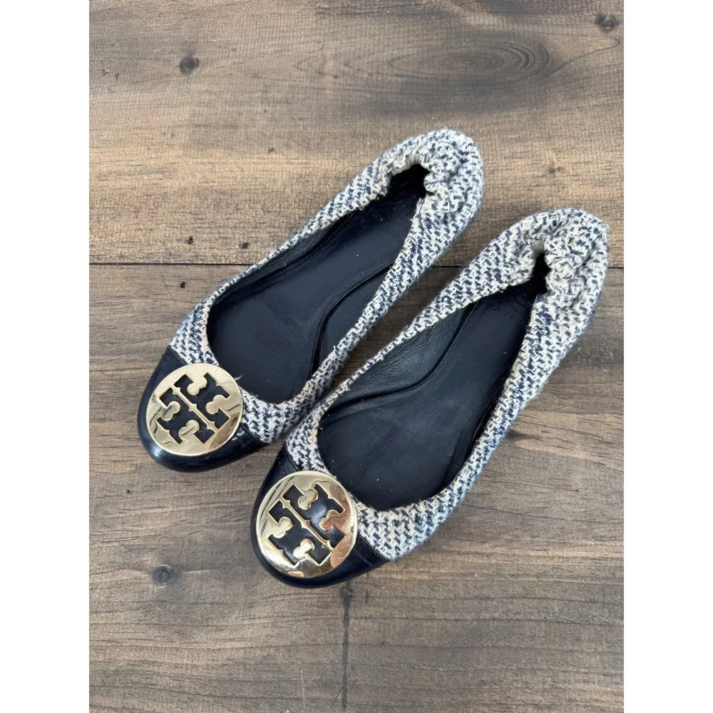 Tory Burch Reva Tweed Ballet Flats Blue Ivory Gold Logo Cap Toe Size 7